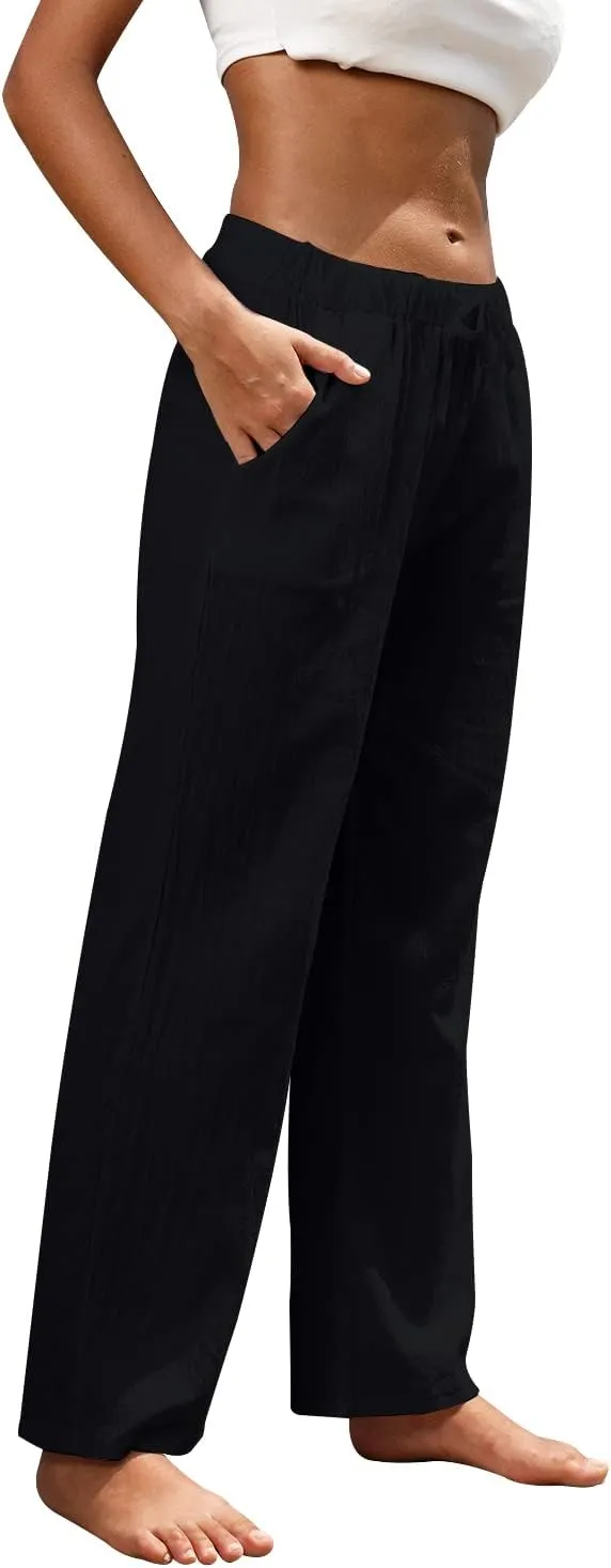 Women Linen Pants High Waisted Wide Leg Lounge Straight Summer Casual Loose Trousers with Pockets White