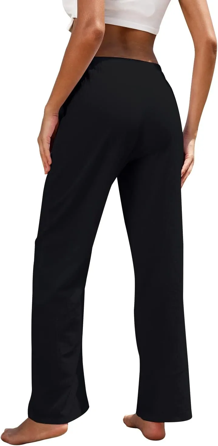 Women Linen Pants High Waisted Wide Leg Lounge Straight Summer Casual Loose Trousers with Pockets White