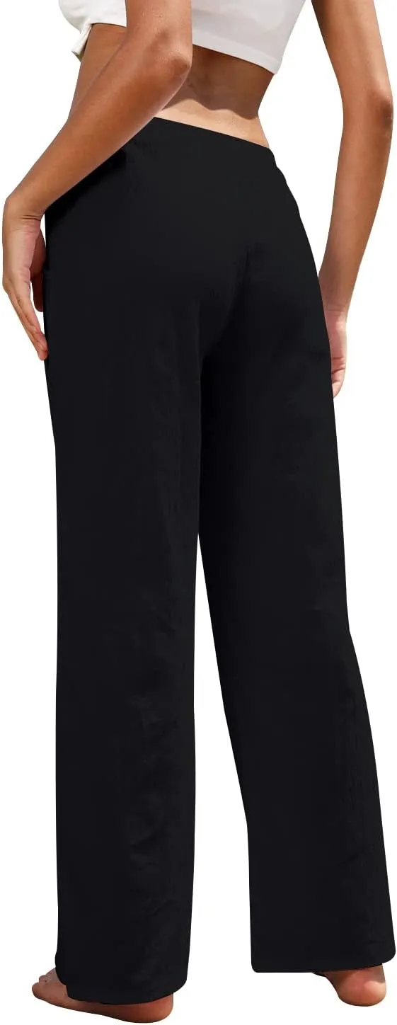 Women Linen Pants High Waisted Wide Leg Lounge Straight Summer Casual Loose Trousers with Pockets White