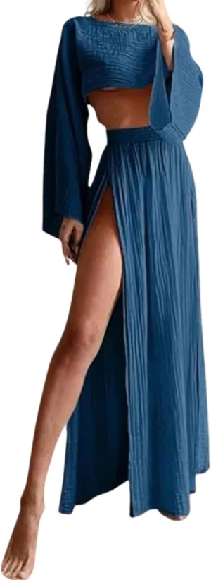 Women Linen Two Piece Sets Outfit Sexy Long Sleeve Crop Top High Waist Skirt Maxi Dress Going Out Beachwear