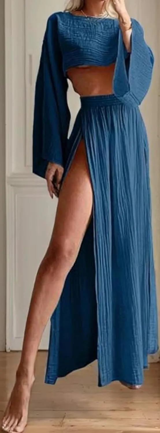 Women Linen Two Piece Sets Outfit Sexy Long Sleeve Crop Top High Waist Skirt Maxi Dress Going Out Beachwear