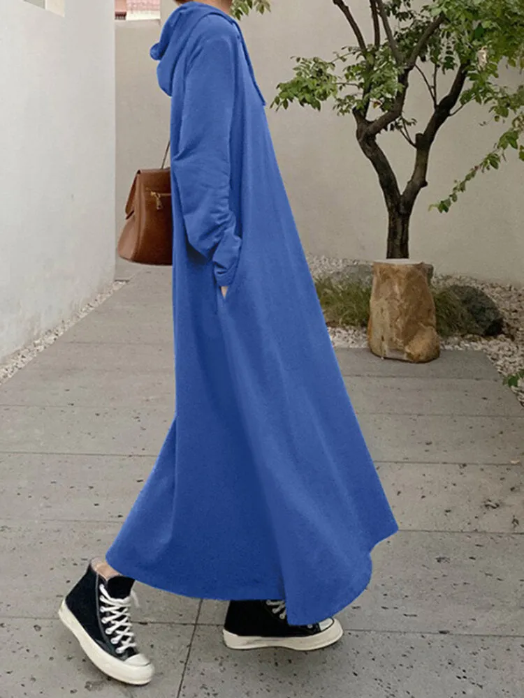 Women Loose Thick Sweatshirt Calf Length Side Pockets Midi Dresses