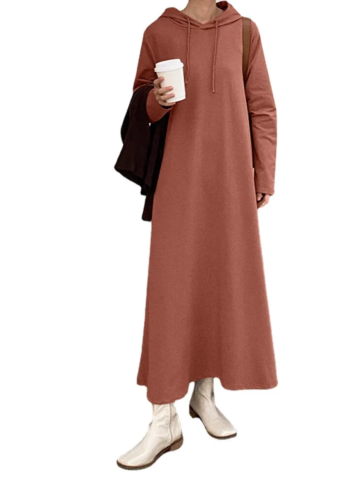 Women Loose Thick Sweatshirt Calf Length Side Pockets Midi Dresses
