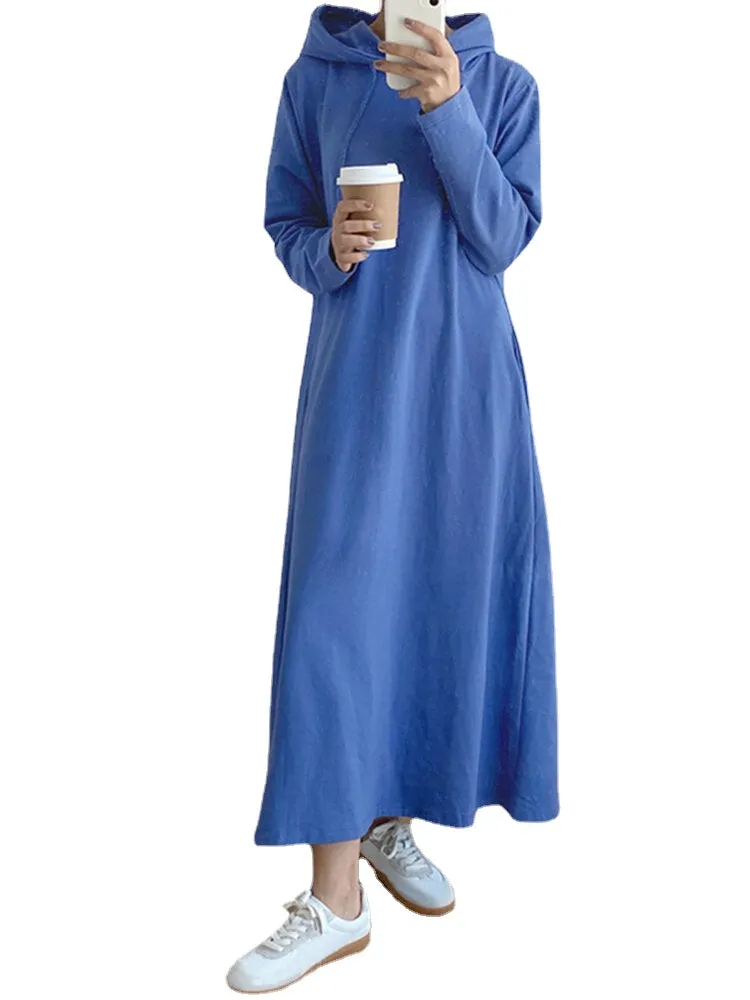 Women Loose Thick Sweatshirt Calf Length Side Pockets Midi Dresses