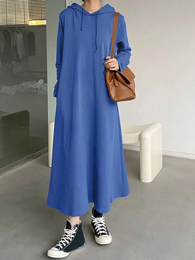 Women Loose Thick Sweatshirt Calf Length Side Pockets Midi Dresses