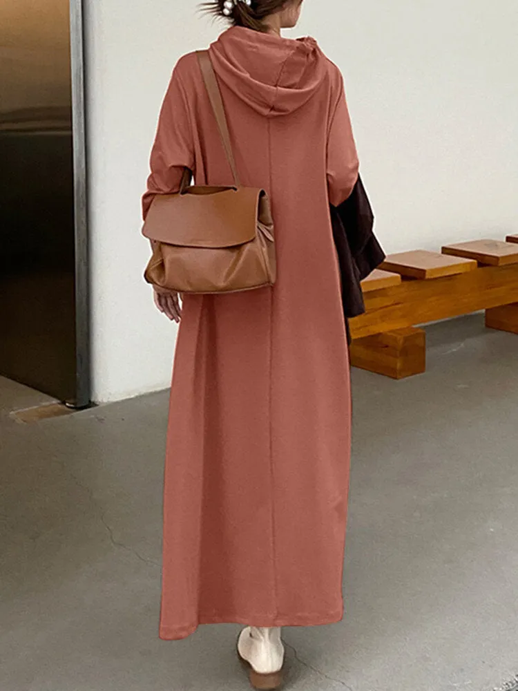 Women Loose Thick Sweatshirt Calf Length Side Pockets Midi Dresses