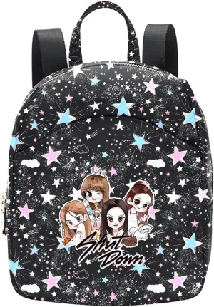 Women' Printed Black Backpack Pink Shut Down Korean with Cartoon Characters, Black with Stars and Glitter,