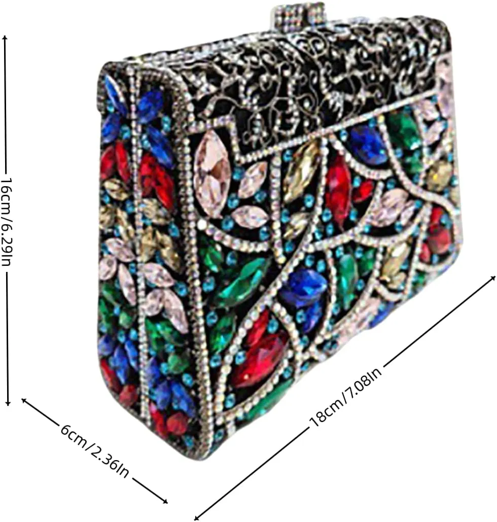Women Rhinestone Colorful Crystal Clutch Box Handbag Unique Glitter Evening Bag Diamond Sparkling Crossbody for Wedding