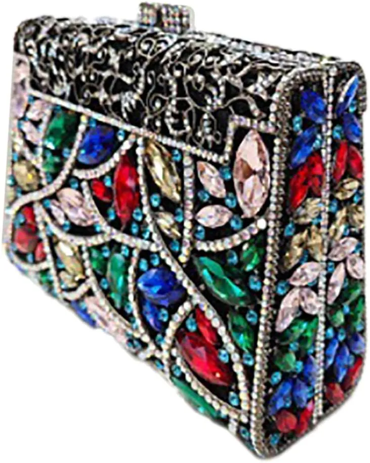 Women Rhinestone Colorful Crystal Clutch Box Handbag Unique Glitter Evening Bag Diamond Sparkling Crossbody for Wedding