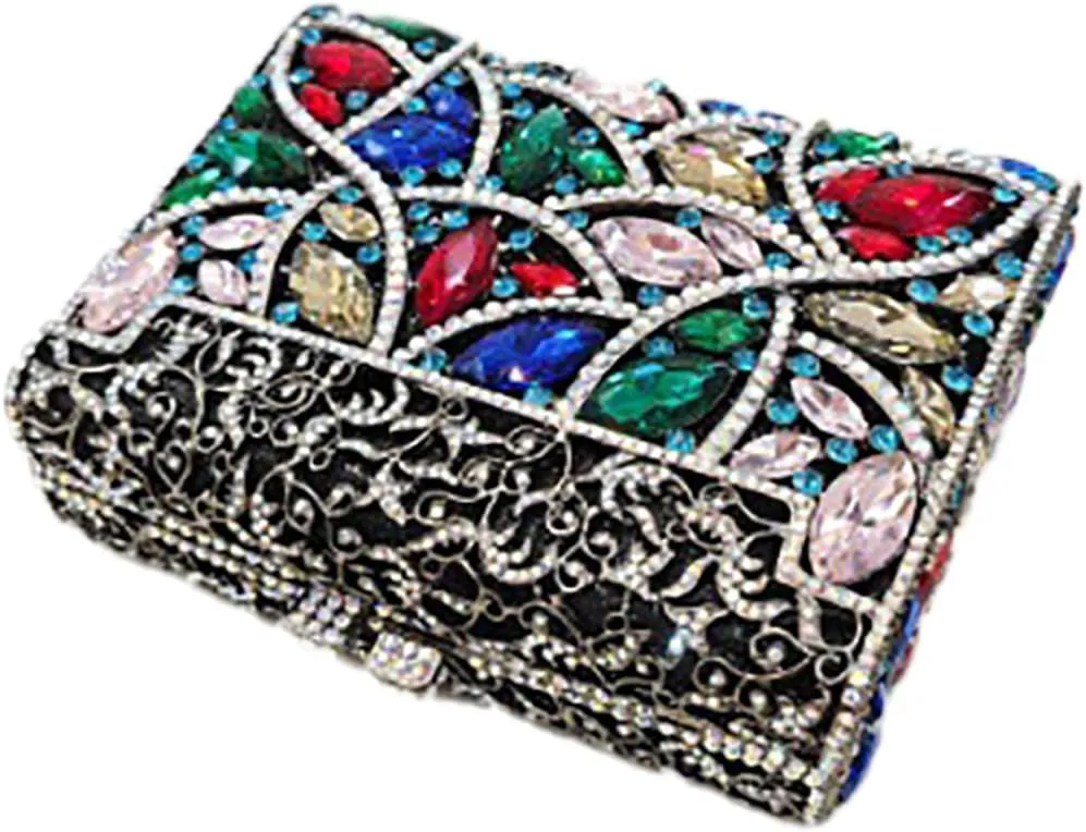 Women Rhinestone Colorful Crystal Clutch Box Handbag Unique Glitter Evening Bag Diamond Sparkling Crossbody for Wedding