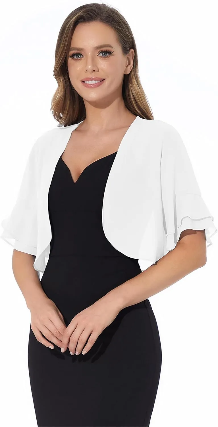 Women Shrug Soft Chiffon Open Front Sheer 3/4 Sleeve Bolero Cardigan for Evening Dress