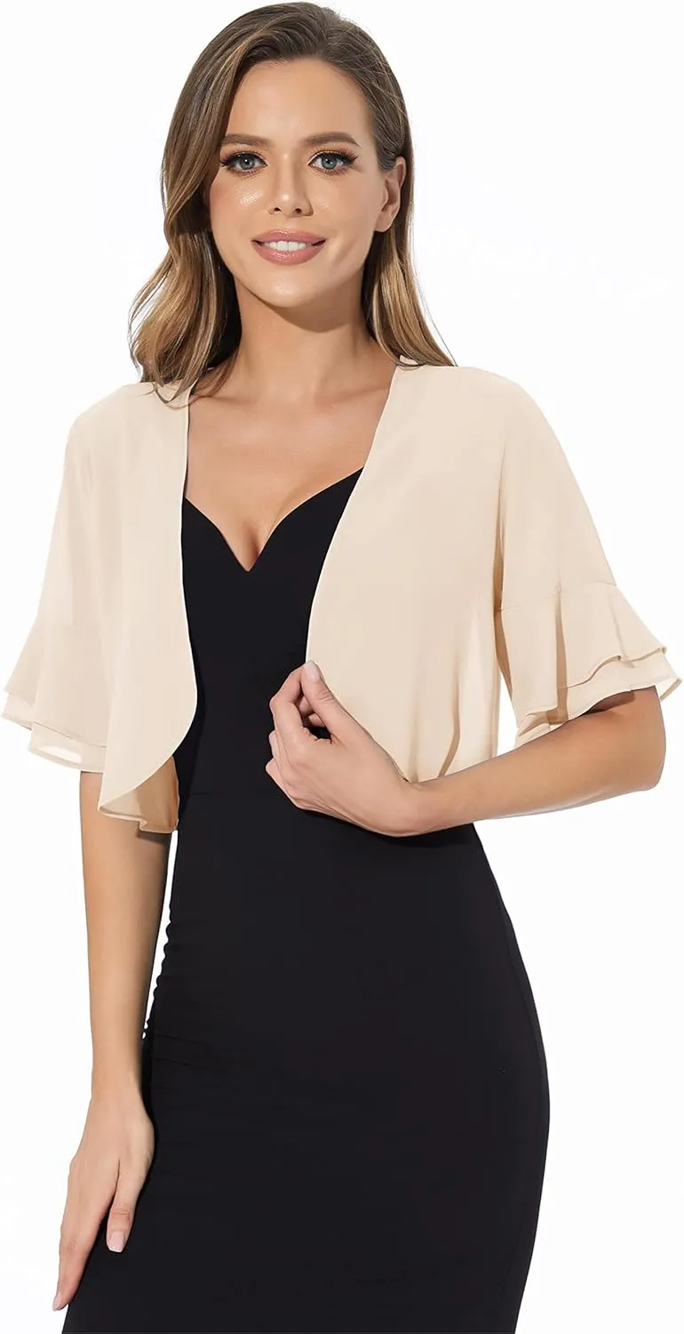 Women Shrug Soft Chiffon Open Front Sheer 3/4 Sleeve Bolero Cardigan for Evening Dress