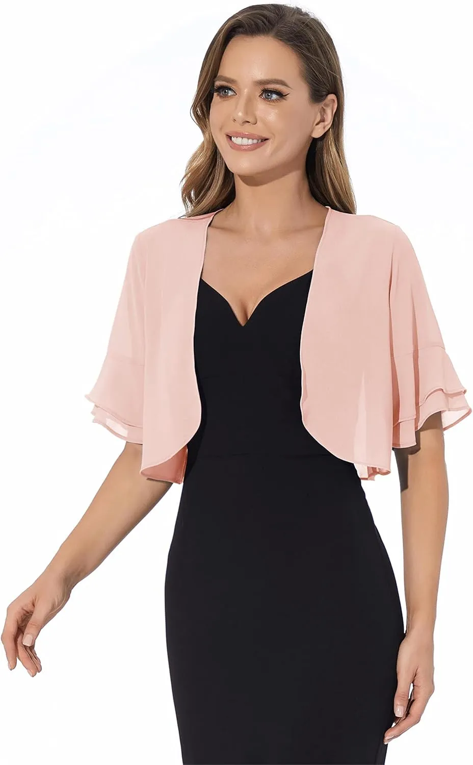 Women Shrug Soft Chiffon Open Front Sheer 3/4 Sleeve Bolero Cardigan for Evening Dress