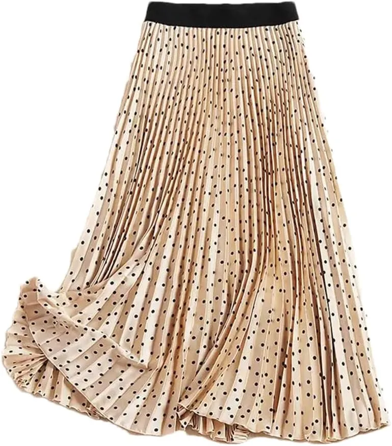 Women Spring Autumn Solid High Waist Print Midi Pleated Skirts