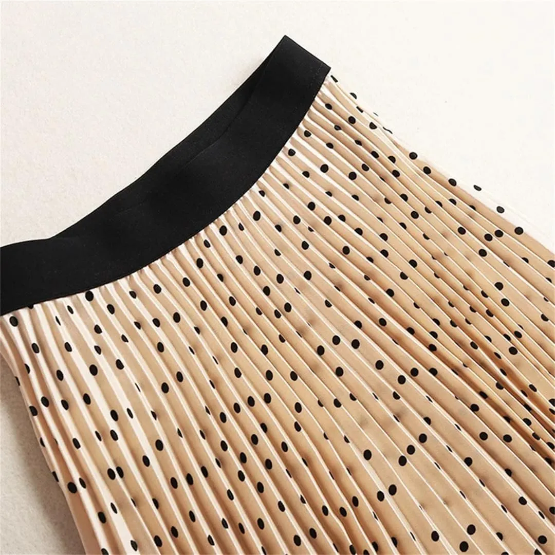 Women Spring Autumn Solid High Waist Print Midi Pleated Skirts