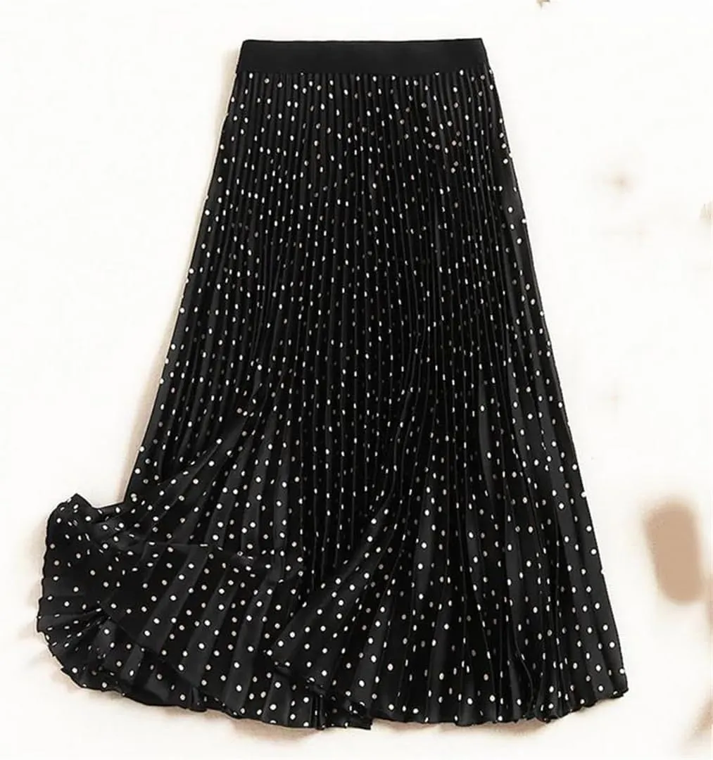 Women Spring Autumn Solid High Waist Print Midi Pleated Skirts