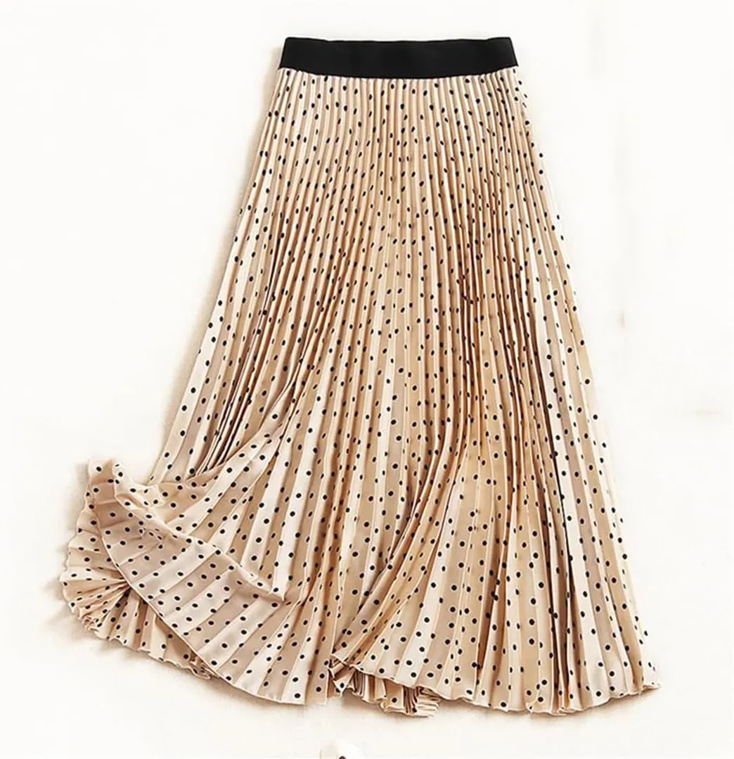 Women Spring Autumn Solid High Waist Print Midi Pleated Skirts