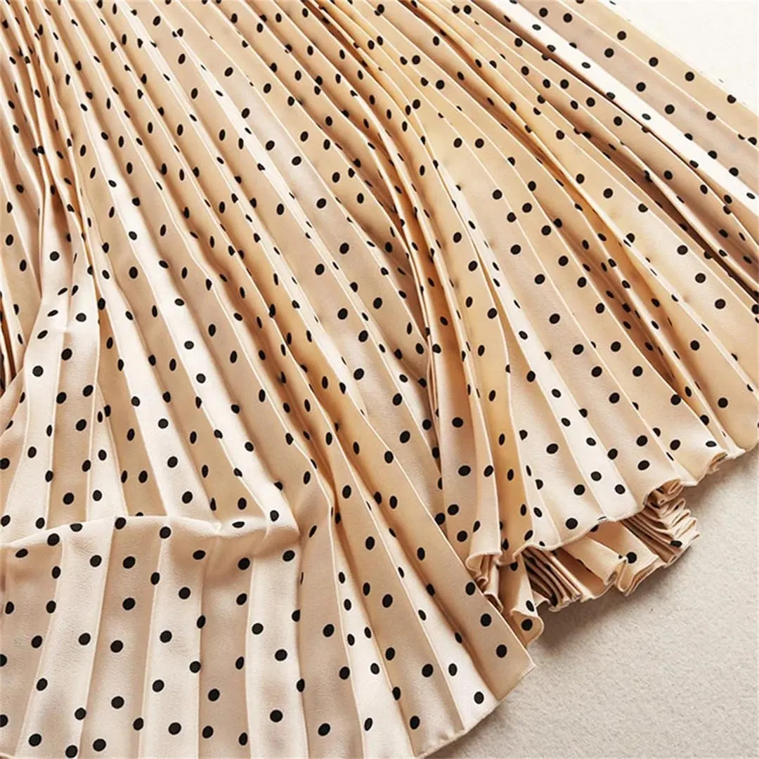 Women Spring Autumn Solid High Waist Print Midi Pleated Skirts