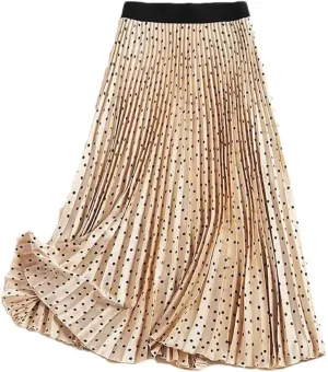 Women Spring Autumn Solid High Waist Print Midi Pleated Skirts