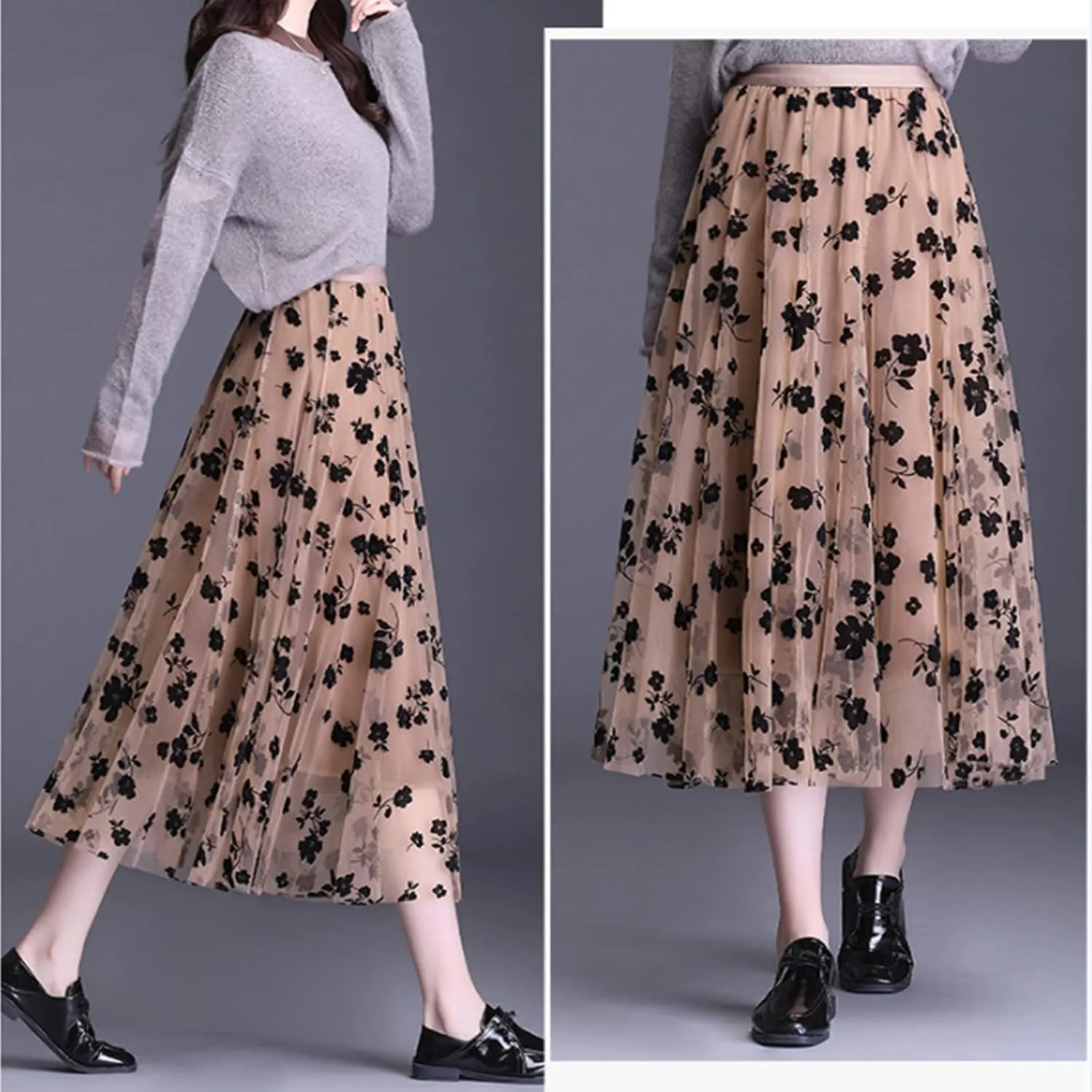 Women Tutu Tulle Skirt Elastic High Waist Layered Floral Print Skirt Mesh A-Line Midi Skirt