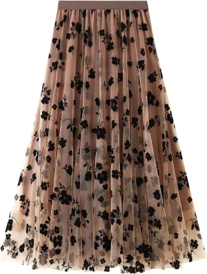 Women Tutu Tulle Skirt Elastic High Waist Layered Floral Print Skirt Mesh A-Line Midi Skirt