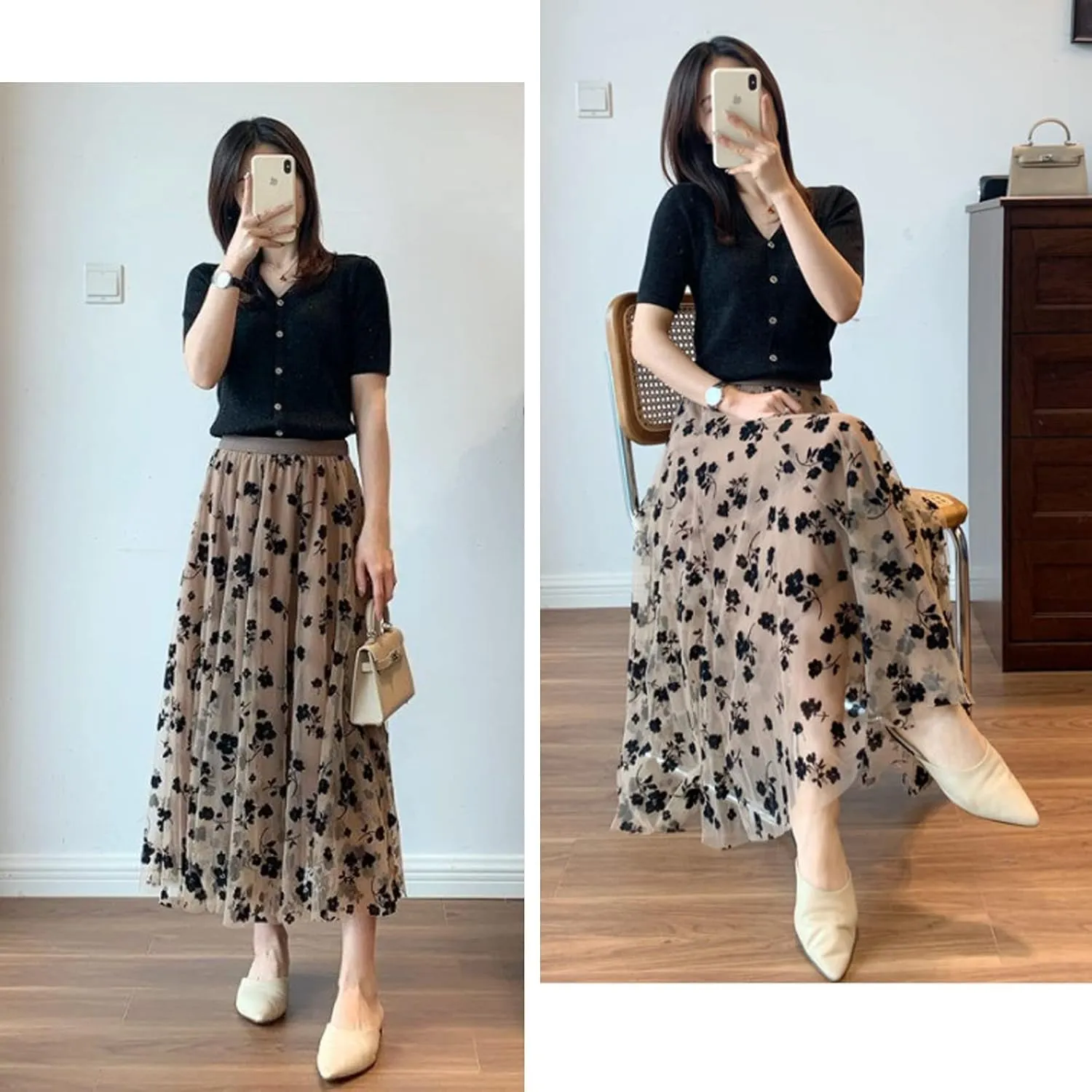 Women Tutu Tulle Skirt Elastic High Waist Layered Floral Print Skirt Mesh A-Line Midi Skirt
