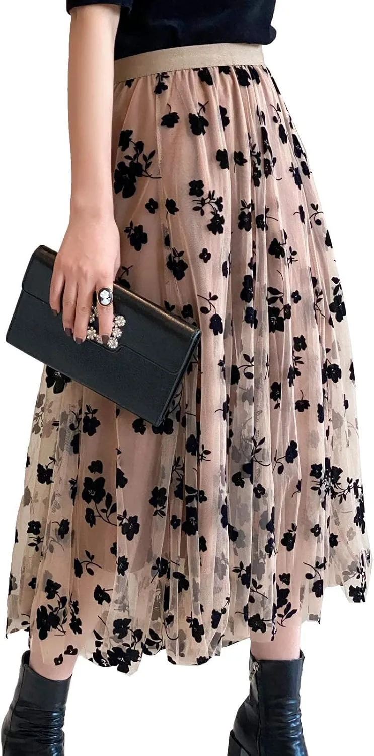 Women Tutu Tulle Skirt Elastic High Waist Layered Floral Print Skirt Mesh A-Line Midi Skirt