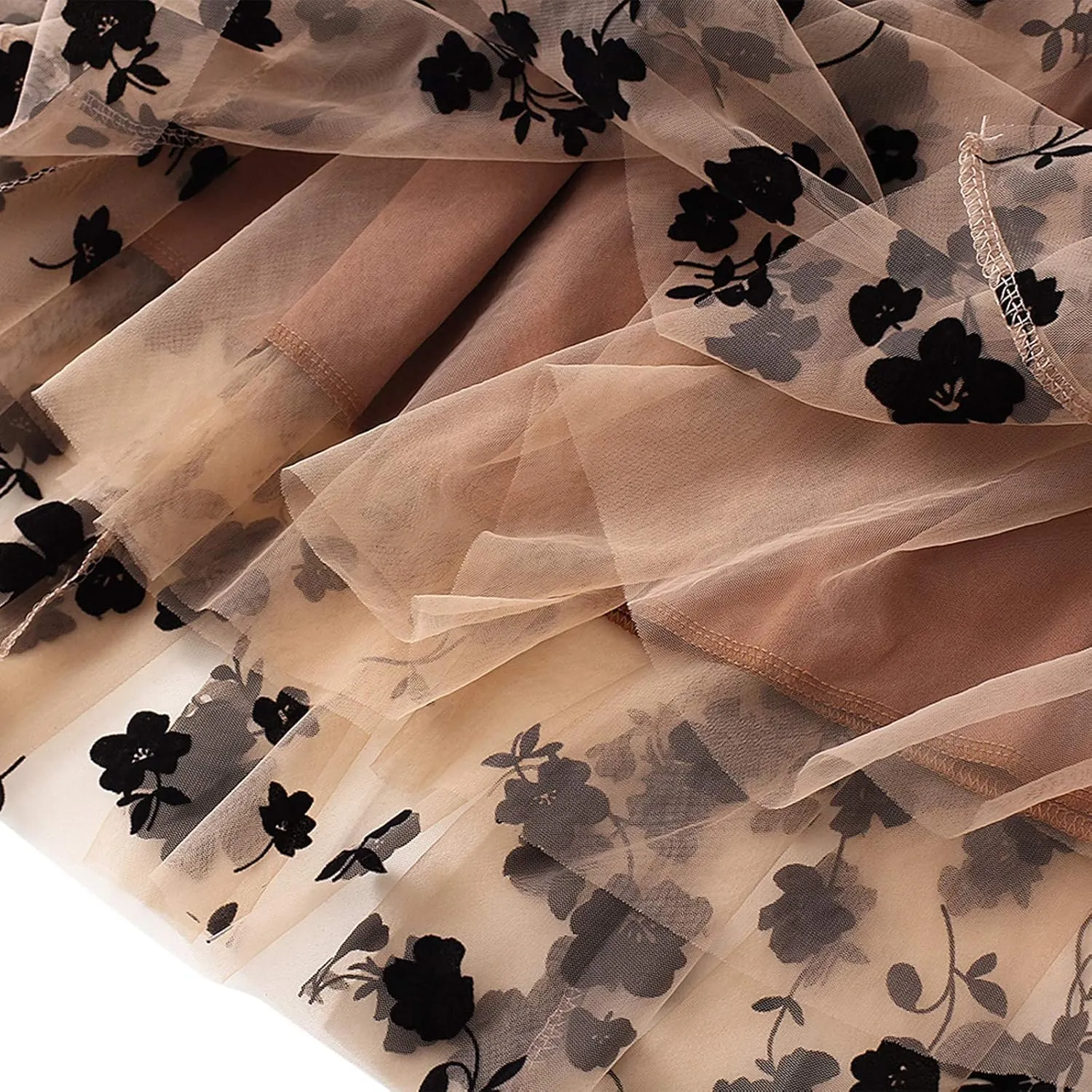 Women Tutu Tulle Skirt Elastic High Waist Layered Floral Print Skirt Mesh A-Line Midi Skirt