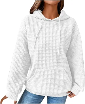 Women Waffle Casual Hoodie Long Sleeves Fashion Drawstring Pullover Sweatshirts Loose Fit Tunic Winter Tops Comy Shirt
