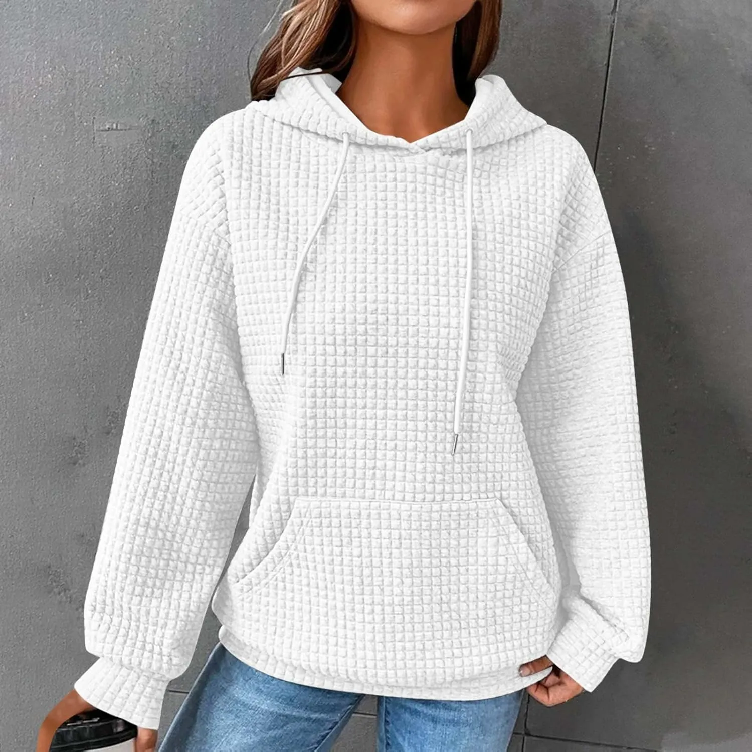 Women Waffle Casual Hoodie Long Sleeves Fashion Drawstring Pullover Sweatshirts Loose Fit Tunic Winter Tops Comy Shirt