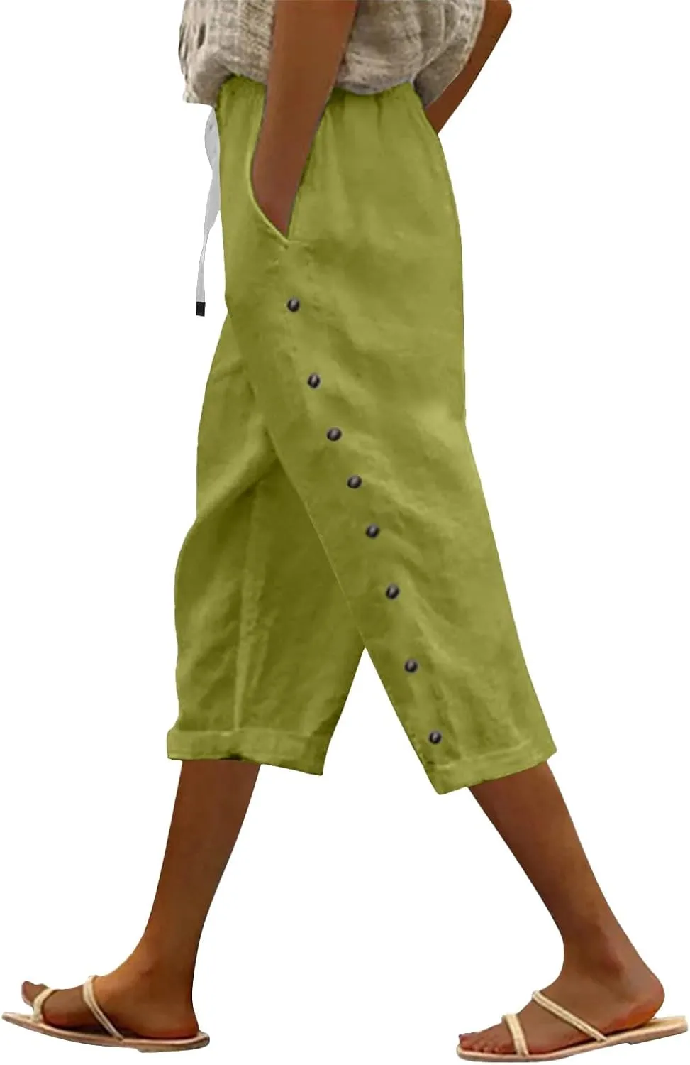 Womens Capris Pants High Waist Drawstring Comfy Casual Pants Casua Lightweight Loose Buttons Trousers with Pockets