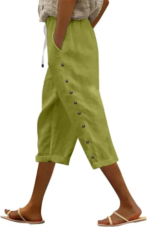 Womens Capris Pants High Waist Drawstring Comfy Casual Pants Casua Lightweight Loose Buttons Trousers with Pockets
