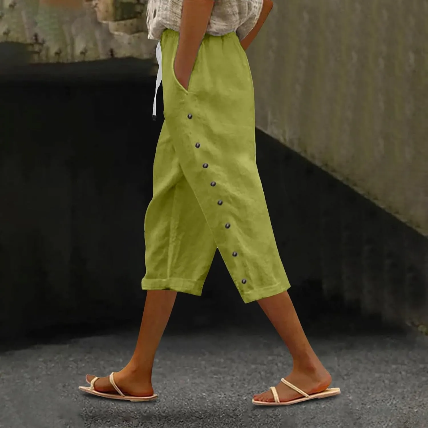 Womens Capris Pants High Waist Drawstring Comfy Casual Pants Casua Lightweight Loose Buttons Trousers with Pockets