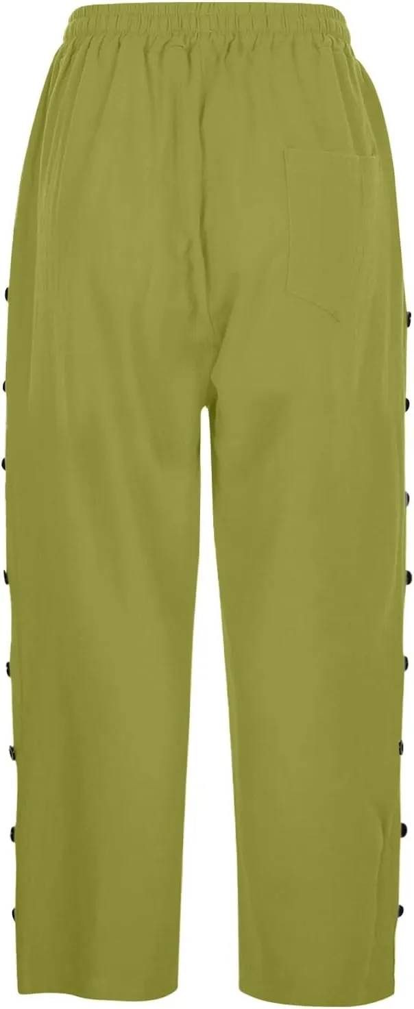 Womens Capris Pants High Waist Drawstring Comfy Casual Pants Casua Lightweight Loose Buttons Trousers with Pockets