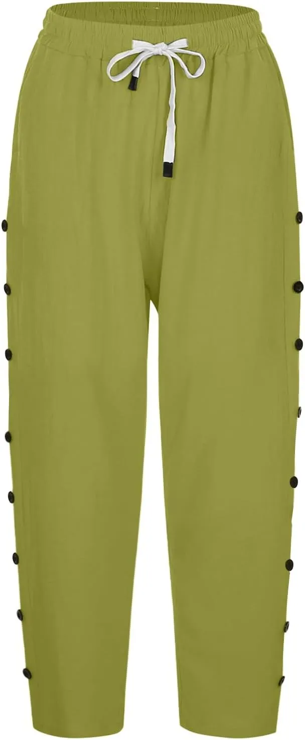 Womens Capris Pants High Waist Drawstring Comfy Casual Pants Casua Lightweight Loose Buttons Trousers with Pockets