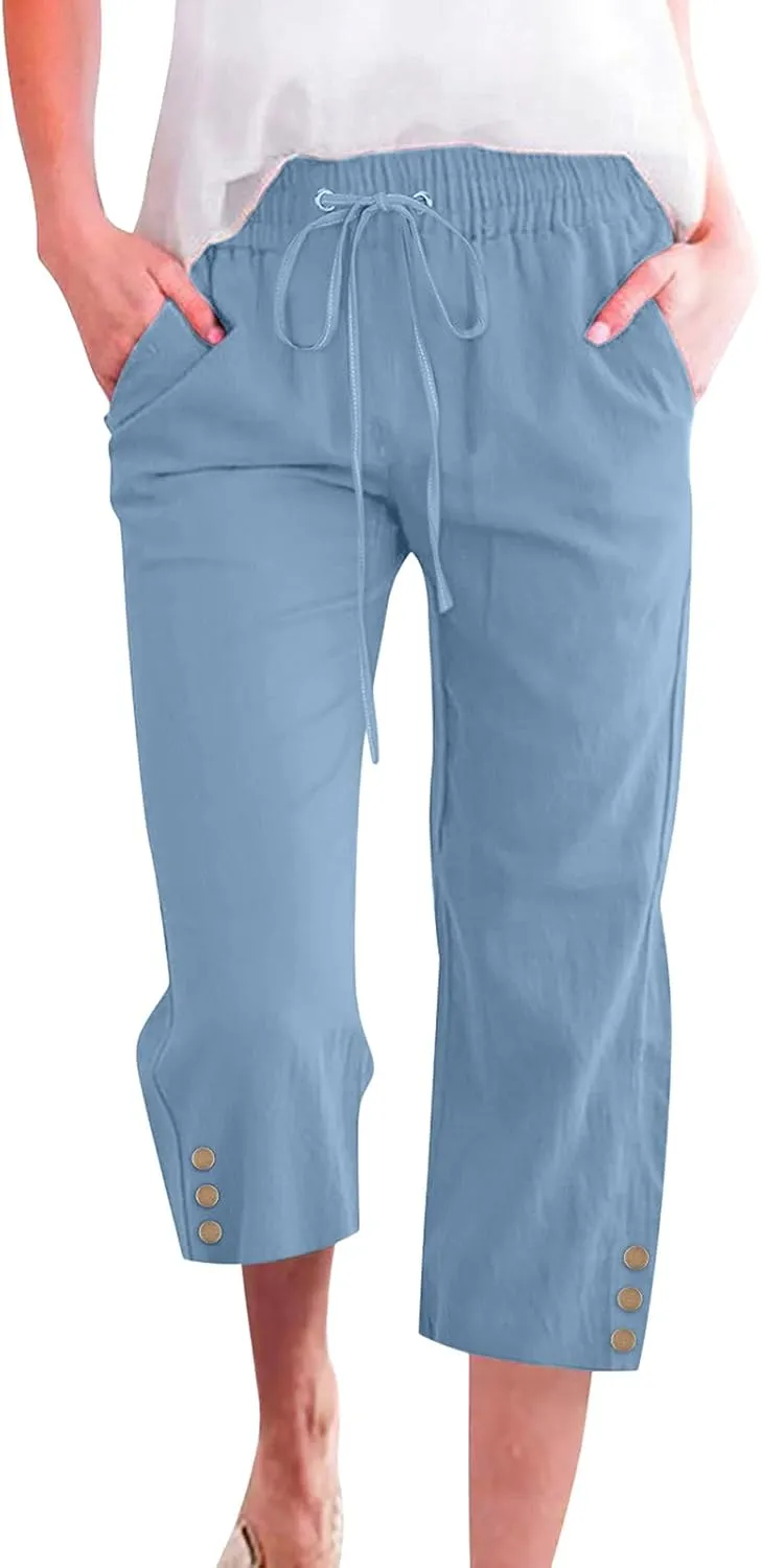 Womens Capris Pants High Waist Drawstring Comfy Casual Pants Lightweight Loose Trousers Buttons Trim with Pockets