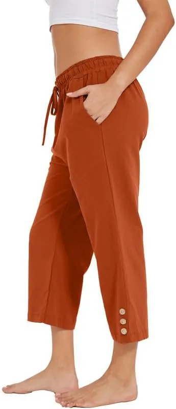 Womens Capris Pants High Waist Drawstring Comfy Casual Pants Lightweight Loose Trousers Buttons Trim with Pockets