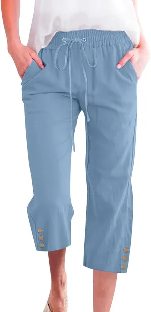 Womens Capris Pants High Waist Drawstring Comfy Casual Pants Lightweight Loose Trousers Buttons Trim with Pockets