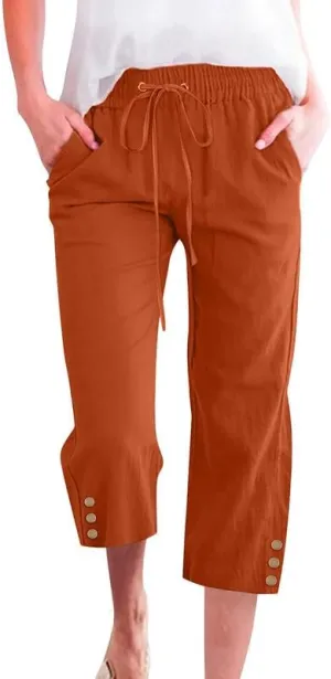 Womens Capris Pants High Waist Drawstring Comfy Casual Pants Lightweight Loose Trousers Buttons Trim with Pockets
