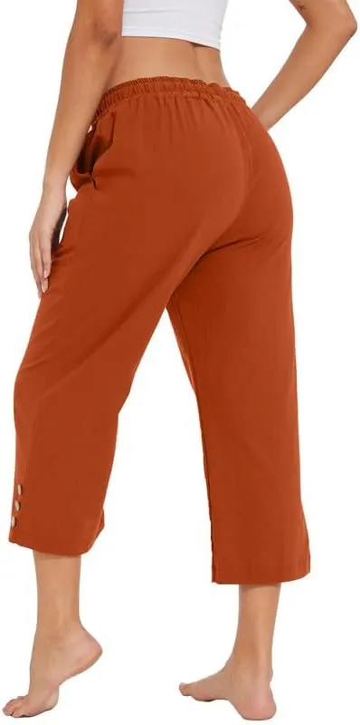 Womens Capris Pants High Waist Drawstring Comfy Casual Pants Lightweight Loose Trousers Buttons Trim with Pockets