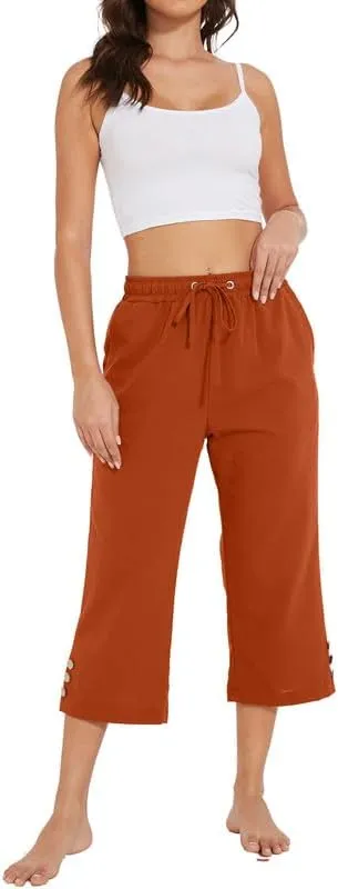 Womens Capris Pants High Waist Drawstring Comfy Casual Pants Lightweight Loose Trousers Buttons Trim with Pockets