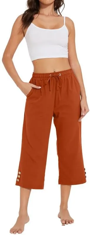 Womens Capris Pants High Waist Drawstring Comfy Casual Pants Lightweight Loose Trousers Buttons Trim with Pockets