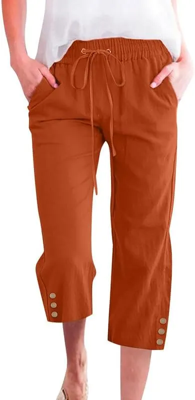 Womens Capris Pants High Waist Drawstring Comfy Casual Pants Lightweight Loose Trousers Buttons Trim with Pockets