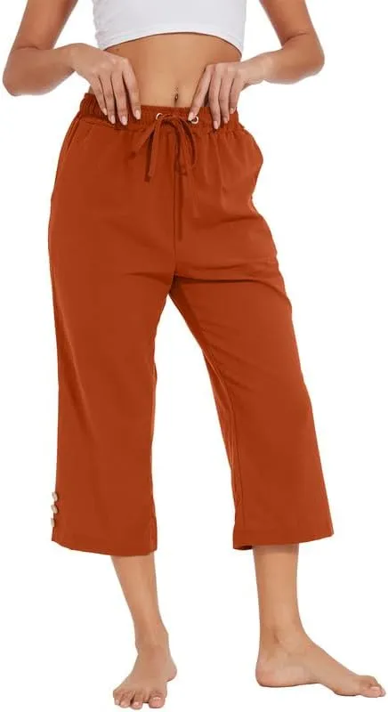 Womens Capris Pants High Waist Drawstring Comfy Casual Pants Lightweight Loose Trousers Buttons Trim with Pockets