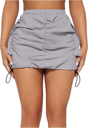 Womens Cargo Skirt Casual Summer High Waisted Bodycon Pencil Ruched Mini Skirts Side Drawstring and Hot Mini