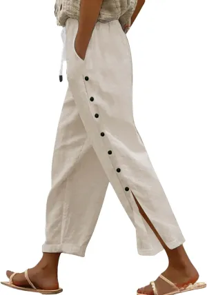 Womens Cotton Linen Straight Trousers High-Waist Summer Split Leg Pants Loose Comfy Pant for Vacation