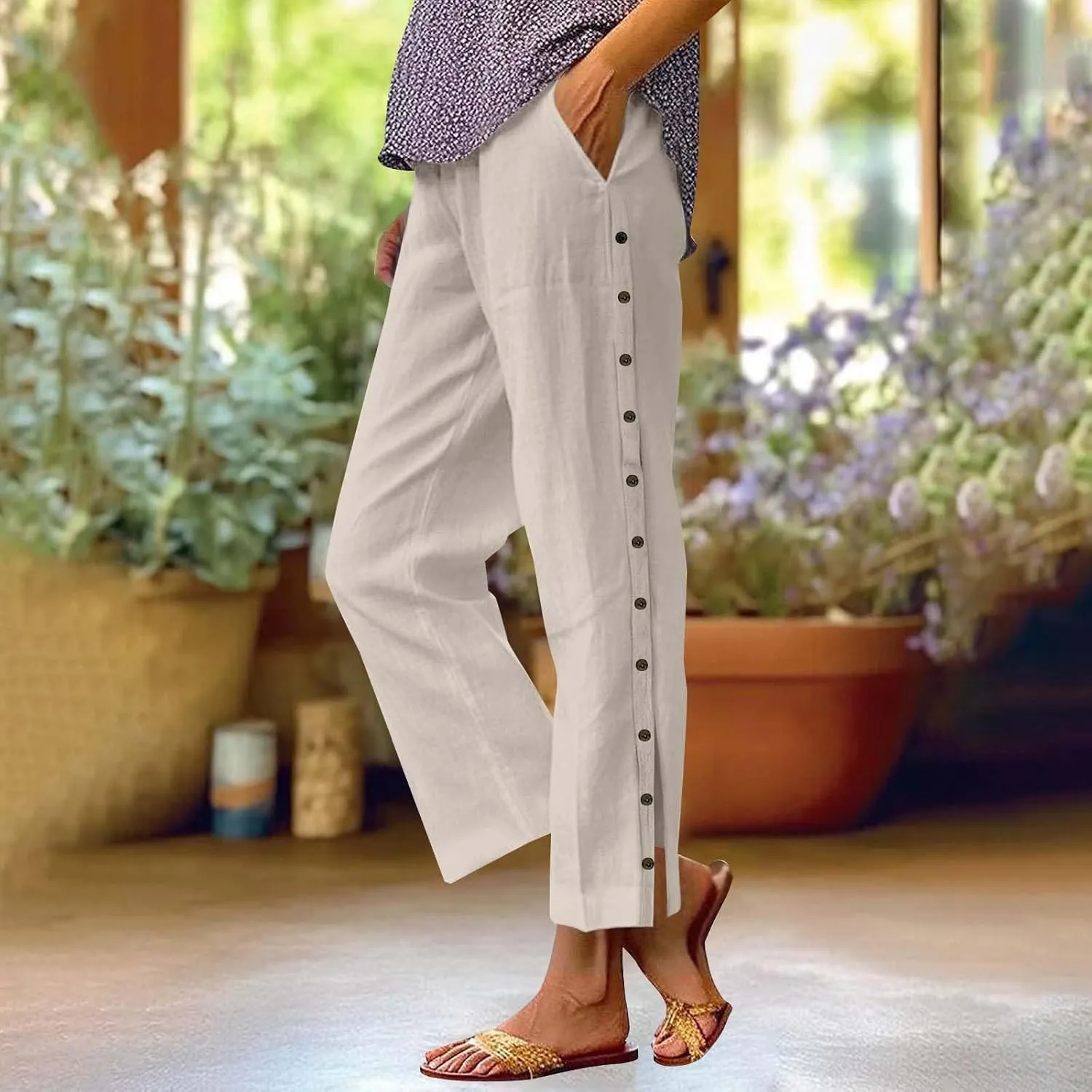 Womens Cotton Linen Straight Trousers High-Waist Summer Split Leg Pants Loose Comfy Pant for Vacation