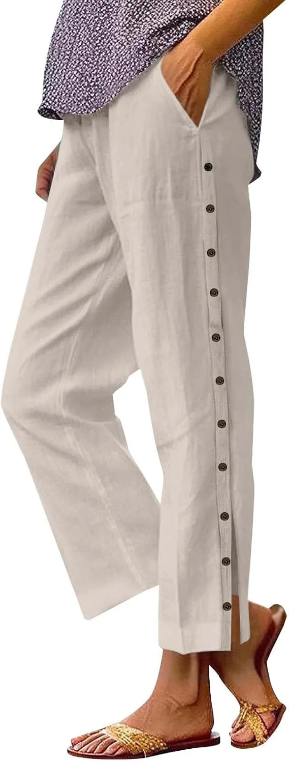 Womens Cotton Linen Straight Trousers High-Waist Summer Split Leg Pants Loose Comfy Pant for Vacation