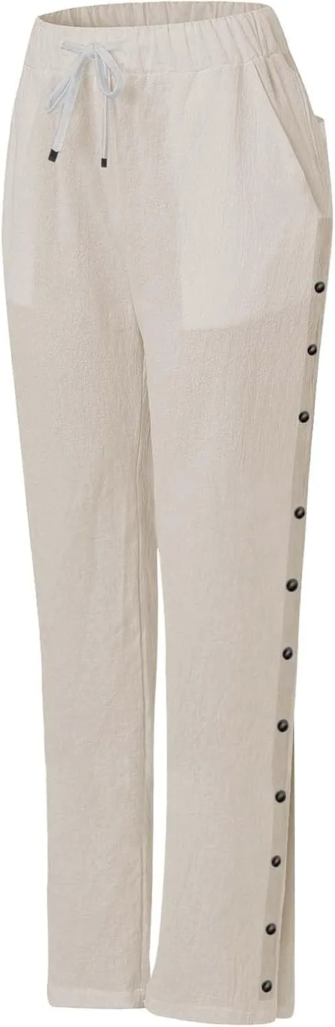 Womens Cotton Linen Straight Trousers High-Waist Summer Split Leg Pants Loose Comfy Pant for Vacation