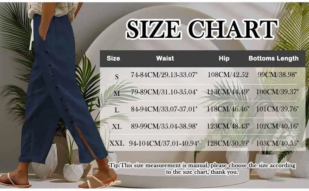 Womens Cotton Linen Straight Trousers High-Waist Summer Split Leg Pants Loose Comfy Pant for Vacation